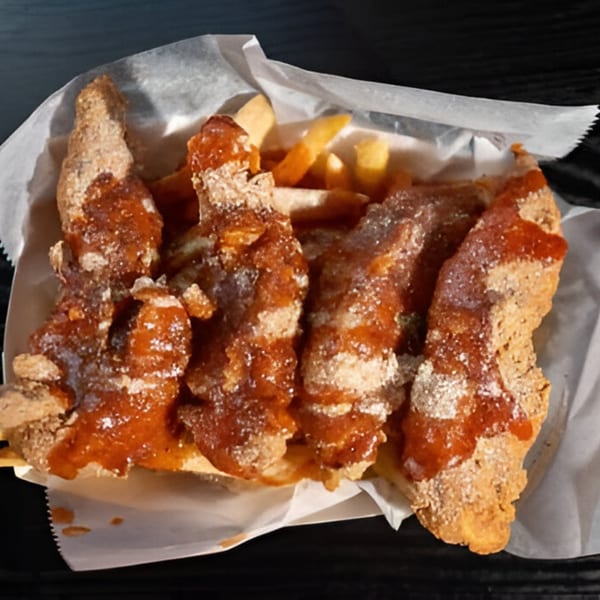 Harold's Chicken Shack #30 fried chicken tenders with sauce and fries in a paper-lined basket.