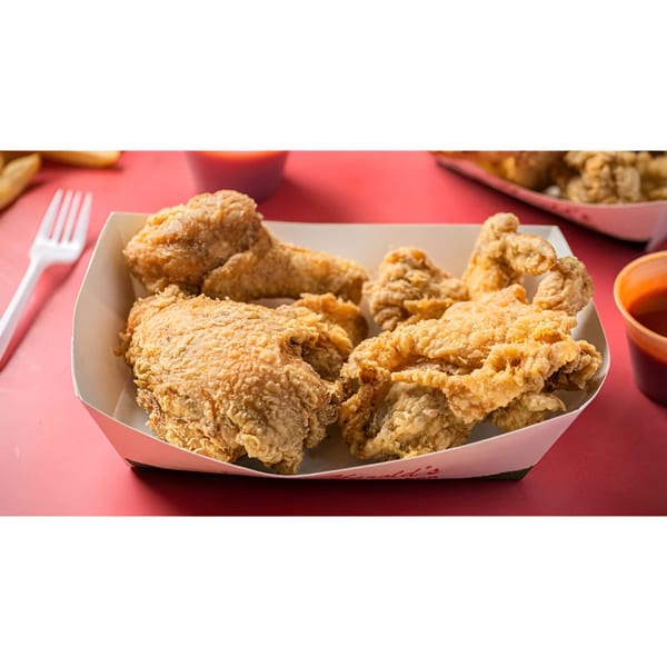 Crispy fried chicken pieces in a white paper tray with a red background and sauce cups.